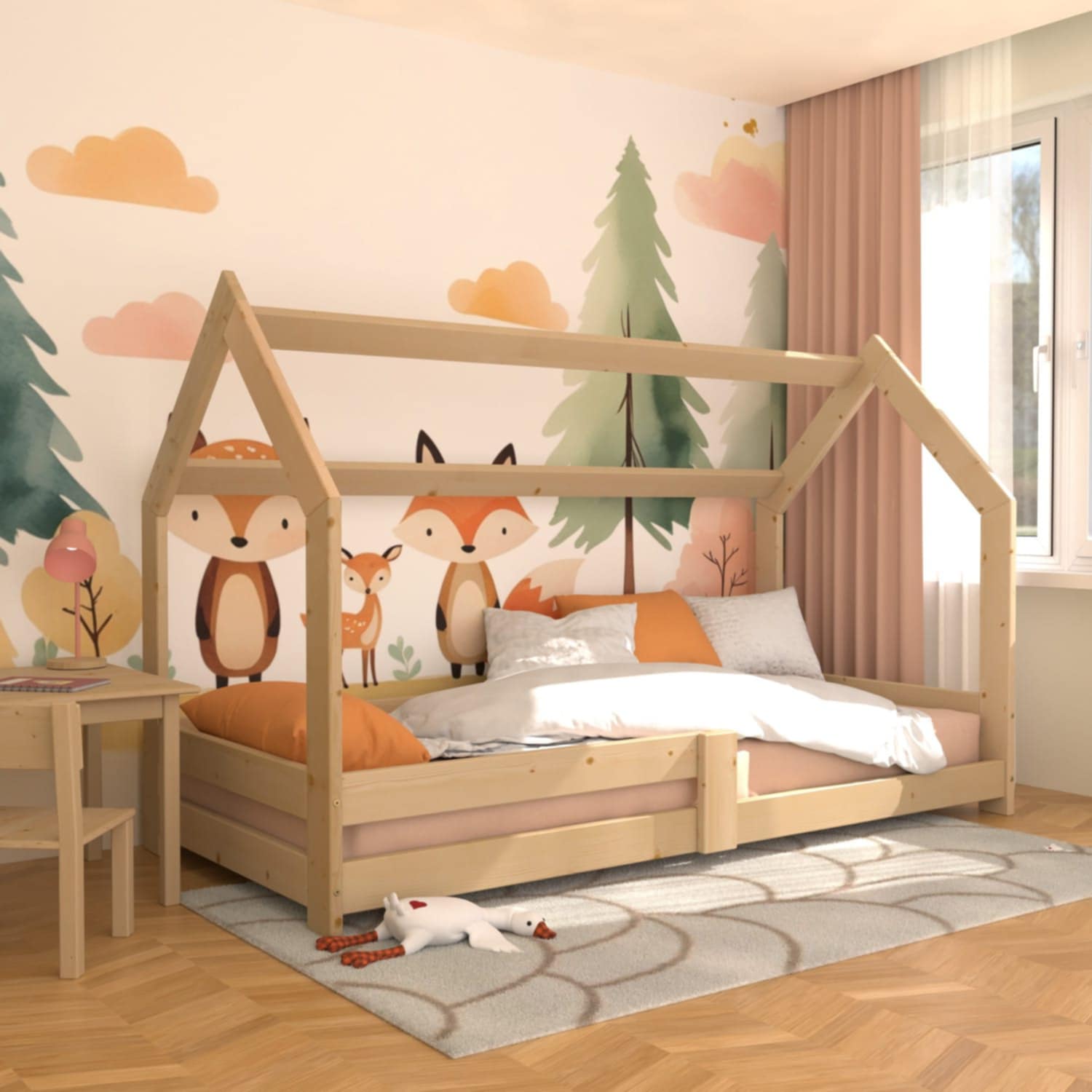 af106cb2-0796-4241-992a-bb0e55b662e9 Hausbett / Tipi-Bett aus Massivholz – Naturholz – inkl. Lattenrost