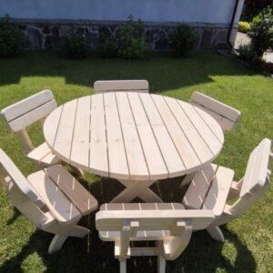 runde gartenmöbel aus massivholz – tisch Ø 140 cm + 6 stühle