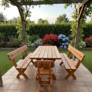 gartenmöbel aus massivholz – tisch, bänke & stühle im set