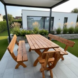 gartenmöbel aus massivholz – tisch, bänke & stühle im set
