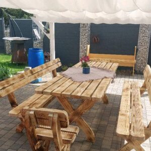 gartenmöbel aus massivholz – tisch, bänke & stühle im set
