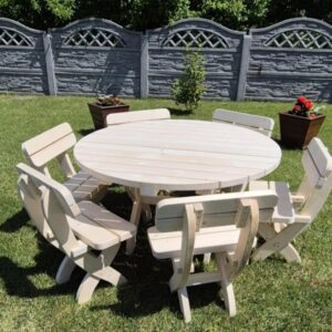 runde gartenmöbel aus massivholz – tisch Ø 140 cm + 6 stühle